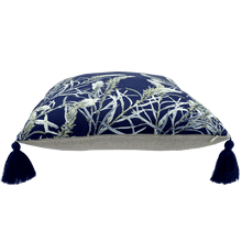 Load image into Gallery viewer, side view sage grevillea printed on indigo square linen designer cushion with tassels handmade in Australia