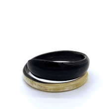 Load image into Gallery viewer, A picture of spinning  Small Old Fashioned Online Minimalist polished ebony to ivory Artisan spiral bracelet bangle, made from ethically sourced natural horn
