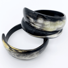 Load image into Gallery viewer, A picture of Pair of Small Old Fashioned Online Minimalist polished Variegated Artisan spiral Cuff bangle, made from ethically sourced natural horn
