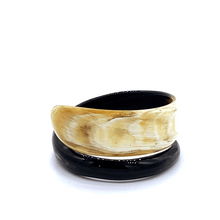 Load image into Gallery viewer, A picture of spinning Small Old Fashioned Online Minimalist polished Ivory to ebony Artisan spiral Cuff bangle, made from ethically sourced natural horn
