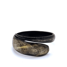 Load image into Gallery viewer, A picture of Spinning Small Old Fashioned Online Minimalist polished Variegated Artisan spiral Cuff bangle, made from ethically sourced natural horn
