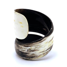 Load image into Gallery viewer, A picture of large lighcoloured Old Fashioned Online Wide Minimalist polished black white and mushroom spiral Cuff bangle, made from ethically sourced natural horn