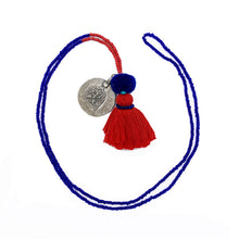 Load image into Gallery viewer, Colorful Old Fashioned Online beads with tassel, pompom and silver amulet charm necklace in pink and blue on white background
