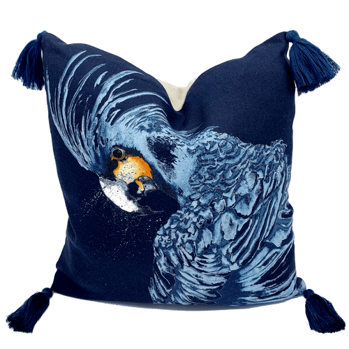 black cockatoo printed on indigo square linen designer cushion with tassels handmade in Australia