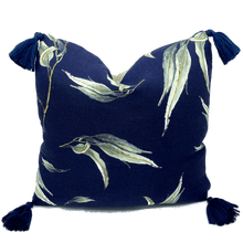Load image into Gallery viewer, printed eucalyptus gumleaf on blue square linen designer cushion with tassels and handmade in Australia
