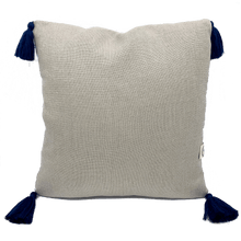 Load image into Gallery viewer, Back of linen cushion with indigo tassels