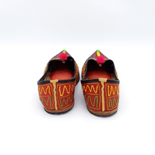 Load image into Gallery viewer, Pink and blue comfy Old Fashioned Online house flats ethical bohemian Leather slippers with lattice style embroidery, pompoms and red cushioned footbed back view
