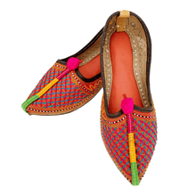 Load image into Gallery viewer, Pink and blue comfy Old Fashioned Online house flats ethical bohemian Leather slippers with lattice style embroidery, pompoms and red cushioned footbed
