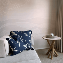 Load image into Gallery viewer, printed eucalyptus gumleaf on blue square linen designer cushion with tassels and handmade in Australia on lounge at wildlife retreat Taronga
