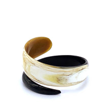 Load image into Gallery viewer, A picture of Small Old Fashioned Online Minimalist polished Ivory to ebony Artisan spiral Cuff bangle, made from ethically sourced natural horn
