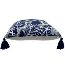 Load image into Gallery viewer, side view sage grevillea printed on indigo square linen designer cushion with tassels handmade in Australia
