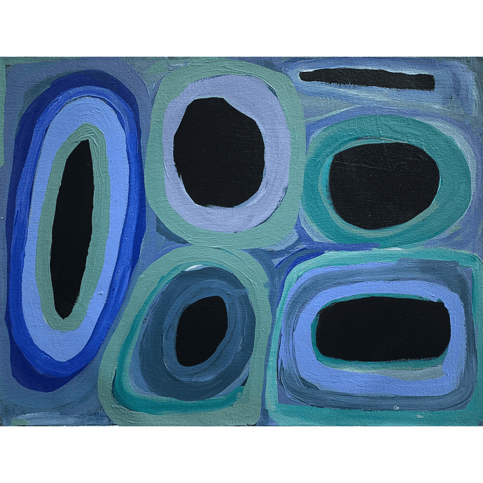 Aboriginal Painting with large Black holes surrounded by blue and green circles and ovals