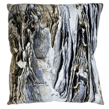 Load image into Gallery viewer, soft paperbark in grey and beige neutrals printed on square linen designer cushion handmade in Australia
