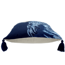 Load image into Gallery viewer, side view black cockatoo printed on indigo square linen designer cushion with tassels handmade in Australia
