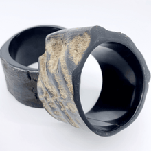 Load image into Gallery viewer, A picture of Natural Textured outer, polished inner Old Fashioned Online 5cm wide Cuff bangle, made from ethically sourced Buffalo horn 
