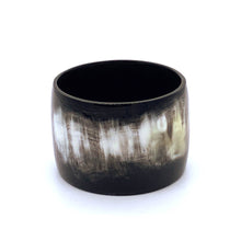 Load image into Gallery viewer, A picture of Polished Black with accents of white and mushroom Old Fashioned Online Gypsy cuff bangle bracelet, ethically sourced natural buffalo horn

