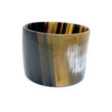 Load image into Gallery viewer, A picture of spinning Polished  mushroom with accents of white and black Artisan Old Fashioned Online cuff bangle bracelet, ethically sourced natural buffalo horn
