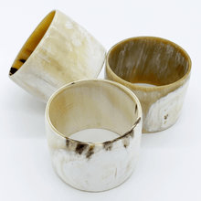 Load image into Gallery viewer, A picture of a Polished White with accents of mushroom Artisan Old Fashioned Online cuff bangle bracelet, ethically sourced natural buffalo horn
