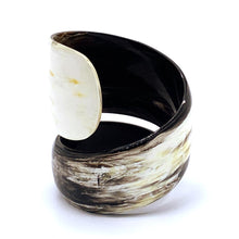 Load image into Gallery viewer, A picture of large lighcoloured  Old Fashioned Online Wide Minimalist polished black white and mushroom spiral Cuff bangle, made from ethically sourced natural horn
