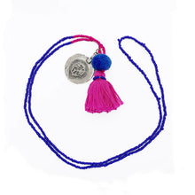 Load image into Gallery viewer, Colourful Old Fashioned Online bead neacklace with tassel, pompom and silver amulet charm necklace in pink and blue 
