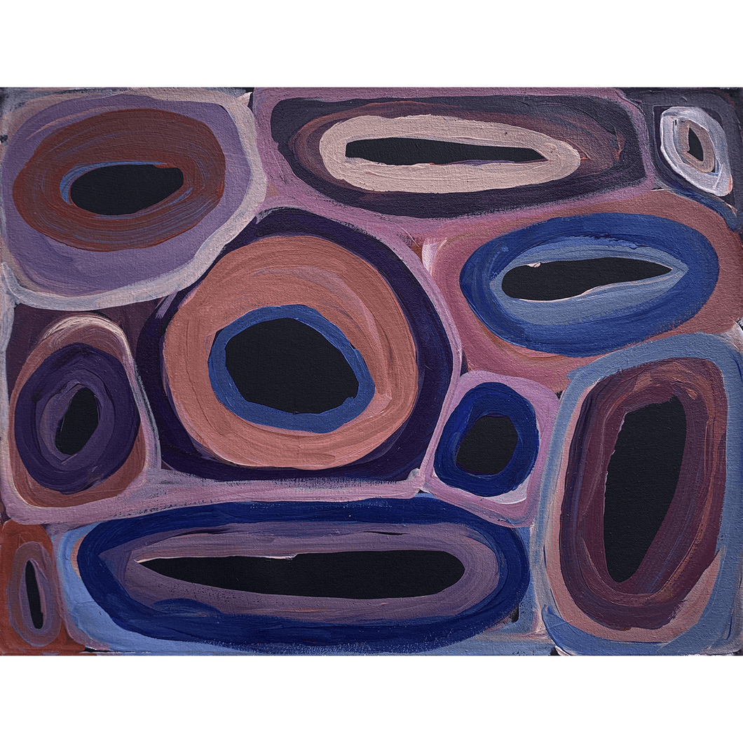 Contemporary Aboriginal Painting with large Black holes surrounded by blues and rust red circles and ovals