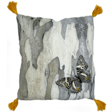 Load image into Gallery viewer, Butterfly and Australian Leopard trees bark print in grey, yellow and beige neutrals printed on square linen designer cushions 
