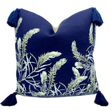 Load image into Gallery viewer, sage grevillea printed on indigo square linen designer cushion with tassels handmade in Australia
