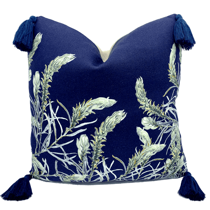 sage grevillea printed on indigo square linen designer cushion with tassels handmade in Australia