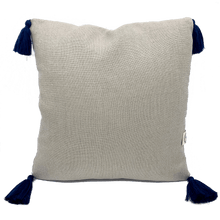 Load image into Gallery viewer, back view square linen designer cushion with tassels handmade in Australia
