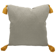 Load image into Gallery viewer, back of square linen designer handmade cushion with yellow tassels 
