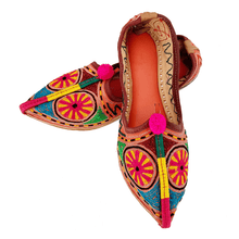 Load image into Gallery viewer, Old Fashioned Online Indian bohemian leather slippers with pink and gold fortune embroidery with pompoms and cushioned footbed

