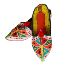 Load image into Gallery viewer, Ethically sourced bohemian Old Fashioned Online Pink Leather slip-on with blue, green and red triangle embroidery, red pompoms and cushioned footbed
