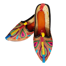 Load image into Gallery viewer, Colorful Old Fashioned Online comfy bohemian Leather slip on Flats with bronze, green and pink Feather embroidery, pompoms and orange cushioned footbed
