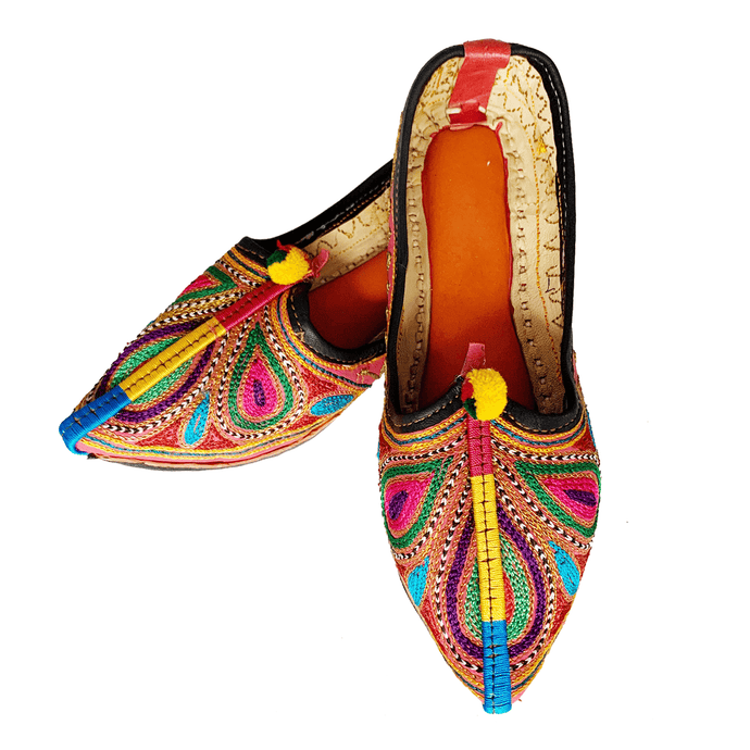 Colorful Old Fashioned Online comfy bohemian Leather slip on Flats with bronze, green and pink Feather embroidery, pompoms and orange cushioned footbed