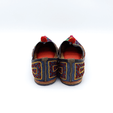 Load image into Gallery viewer, Ethically sourced bohemian Old Fashioned Online flats with purple, green and gold spiral path embroidery, red pompoms and cushioned footbed back view 
