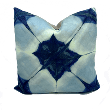 Load image into Gallery viewer, printed indigo blue shibori square linen cushion hand made in Australia
