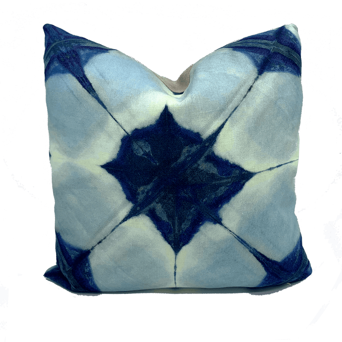 printed indigo blue shibori square linen cushion hand made in Australia