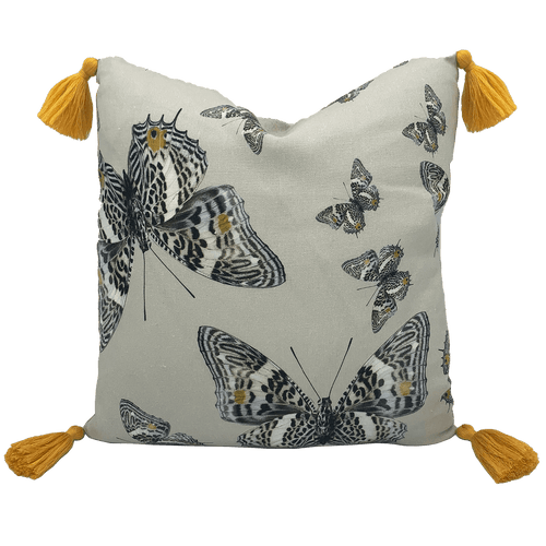 Butterfly print in grey, yellow and beige neutrals printed on square linen designer cushion handmade in Australia