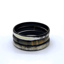 Load image into Gallery viewer, A picture of a spinning stack of 6 slender monochrome Old Fashioned Online bangle bracelet, ethically sourced natural buffalo horn
