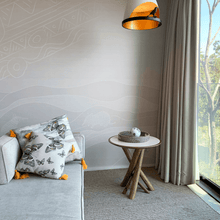 Load image into Gallery viewer, Butterfly print in grey, yellow and beige neutrals printed on square linen designer handmade cushion on lounge with bilby print wallpaper at Wildlife Retreat Taronga Sydney 
