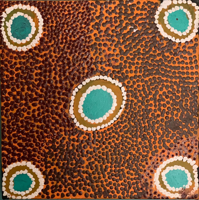 orange brown and turquoise painting of waterholes in acrylic on canvas 30cm square